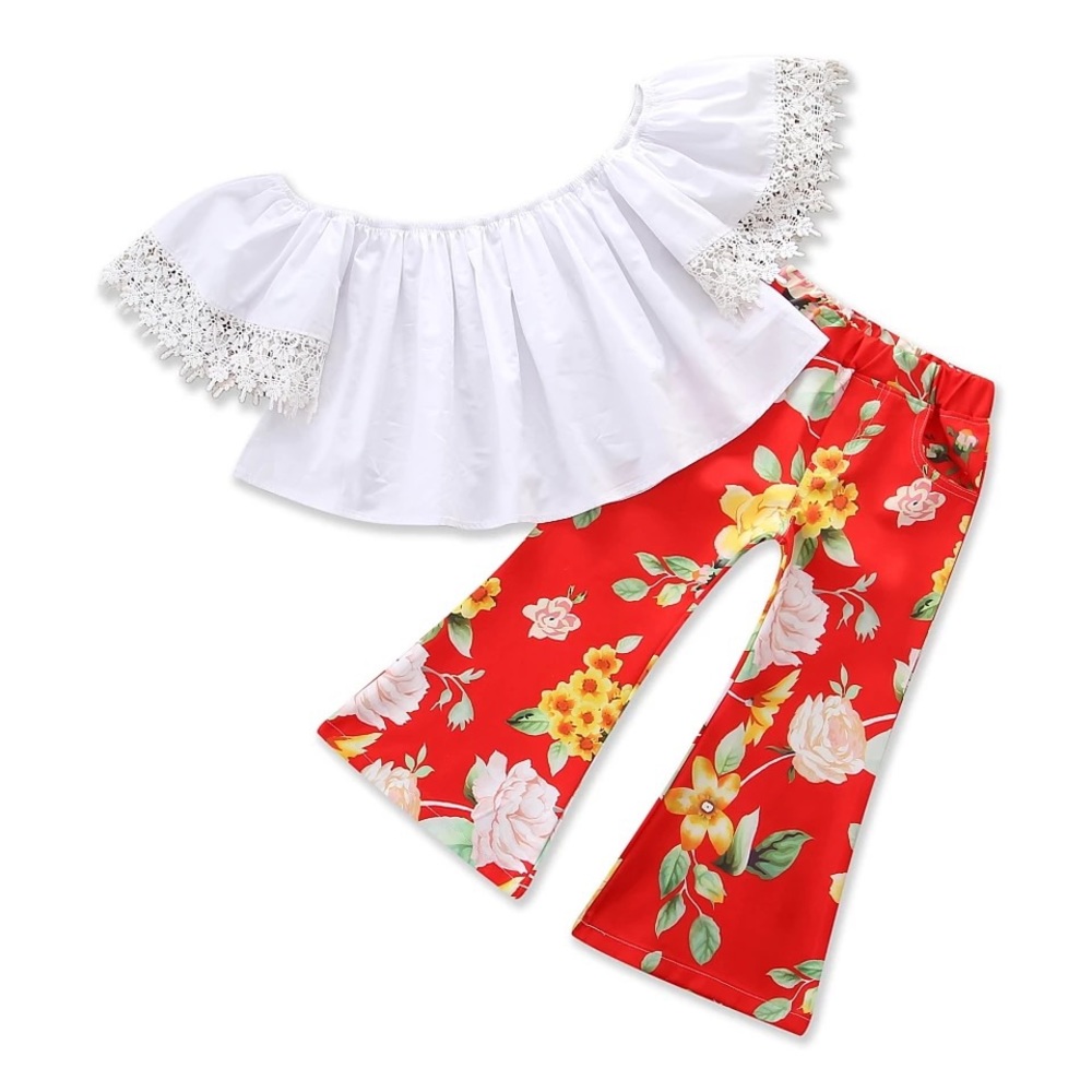 Spring Floral Flare Bottoms & White Top - Toddler